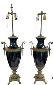 Pair French 19C Louis XVI St. Dark Blue Sèvres Ormolu Lamps