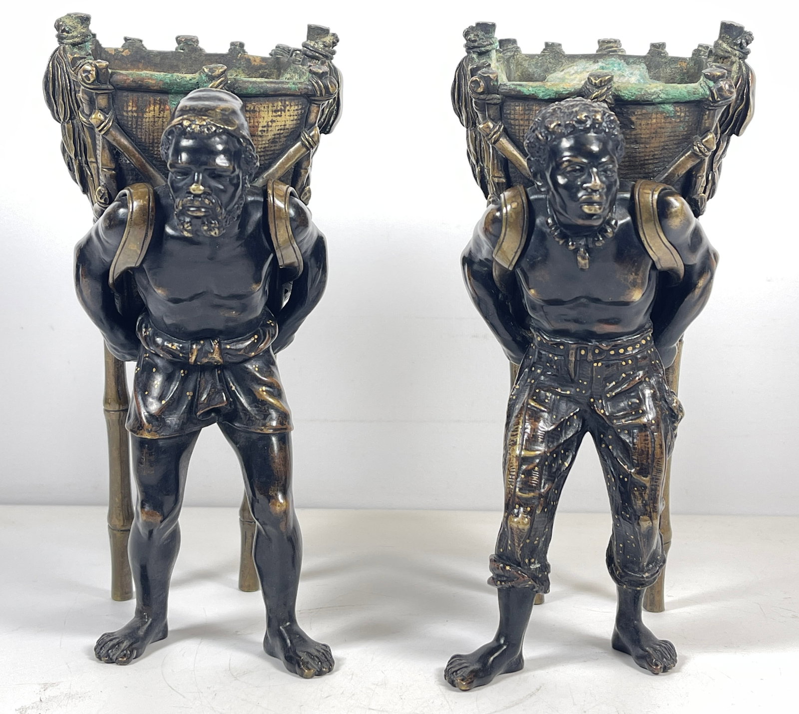 Pair 19th Century Austrian Bronze Orientalist Blackamoor Basket Carriers (1 of 8)