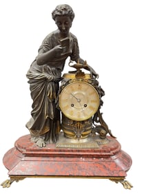 19th Century French Figural Bronze & Marble Mantle Clock