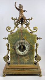 19th Century French Bronze & Green Onyx Figural Clock