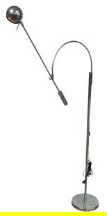 Mid Century Robert Sonneman "Orbiter" Floor Lamp: 1960s; unsigned; the rotating spherical shade on an adjustable-length counter-balance arm with handle, attached to a curved, pivoting, adjustable-height arm, on a standard rising from a round base; th