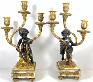 Pr French Louis XV St Patinated & Gilt Bronze Figural Candelabra