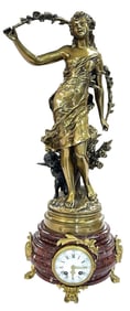 19c Mathurin Moreau French Gilt & Patinated Bronze & Rouge Marble Clock