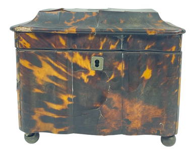 A George III Tortoise Shell Tea Caddy: A George III Tortoise Shell Tea CaddyLate 18th CenturyHeight 6 in x width 7 in x depth 4.25 in. Overall fair condition, please see photos.