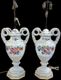 19C Carl Thiene Potschappel Dresden Snake Handle Urn Form Lamps