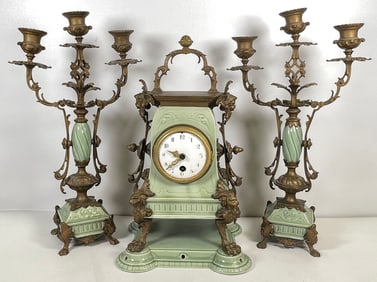 KPM Bronze Mounted Green Porcelain Three Piece Clock Set