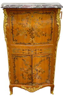 Louis XVI Style Marquetry Inlay Marble Top Secretaire Abattant: French secretaire abattant, featuring two doors that open to reveal three drawers, and drop front door that opens to sectioned interior, with floral inlay and gilt accents, marble top, rising on saber