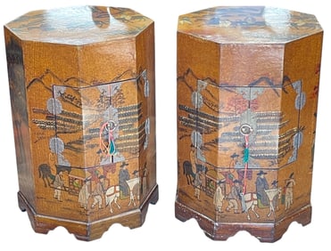 Pair Vintage Paint Decorated Asian Hat Box Tables
