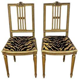 Pair Louis XVI Gilt Decorated Faux Tiger Upholstry Side Chairs
