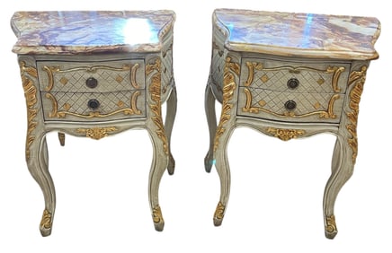 19th Century Pair Paint Decorated Marble Top Night Stands