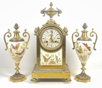 19C French Bronze & Porcelain 3 Piece Clock Set Coralene