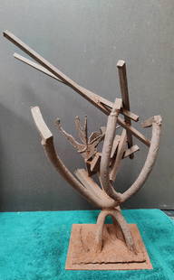 Unsigned c. 1950s Brutalist Iron Abstract Sculpture: Very cool modern brutalist sculpture. Heavy rusted overall patina, otherwise in good condition.
