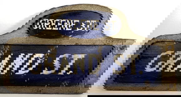 New York City Blue Humpback Street Sign with Steel Frame: Measures approximately 24 x 13 inches. Overall fair condition, some chipping to the enamel. Please see photos.