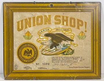c1900 Tin Litho Metal Sign Union Shop Card