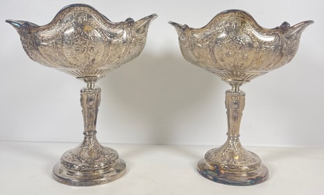 c1920 Pair E.G. Webster & Son Silver Plate Cherub Pedestal Compotes