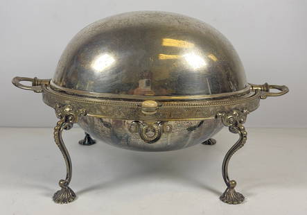 Victorian Silver Plate Roll Top Chafing Dish: Marks on bottom WH & S E P, for who we believe is Walker Hall & Sheffield. Measures approx 14 inches long, 8.5 inches wide, 9 inches high. Overall good condition, needs to be polished.