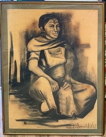 Illegibly Signed Ink Wash Drawing Indigenous Woman
