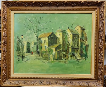 C Lewis Signed O/B Rural Town Landscape Painting