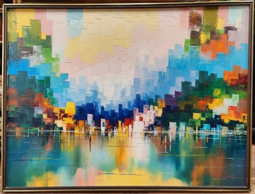 Illegibly Signed O/C Colorful Modernist Abstract Cityscape