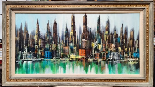 Illegibly Signed Modernist NYC Cityscape Style of Buffet