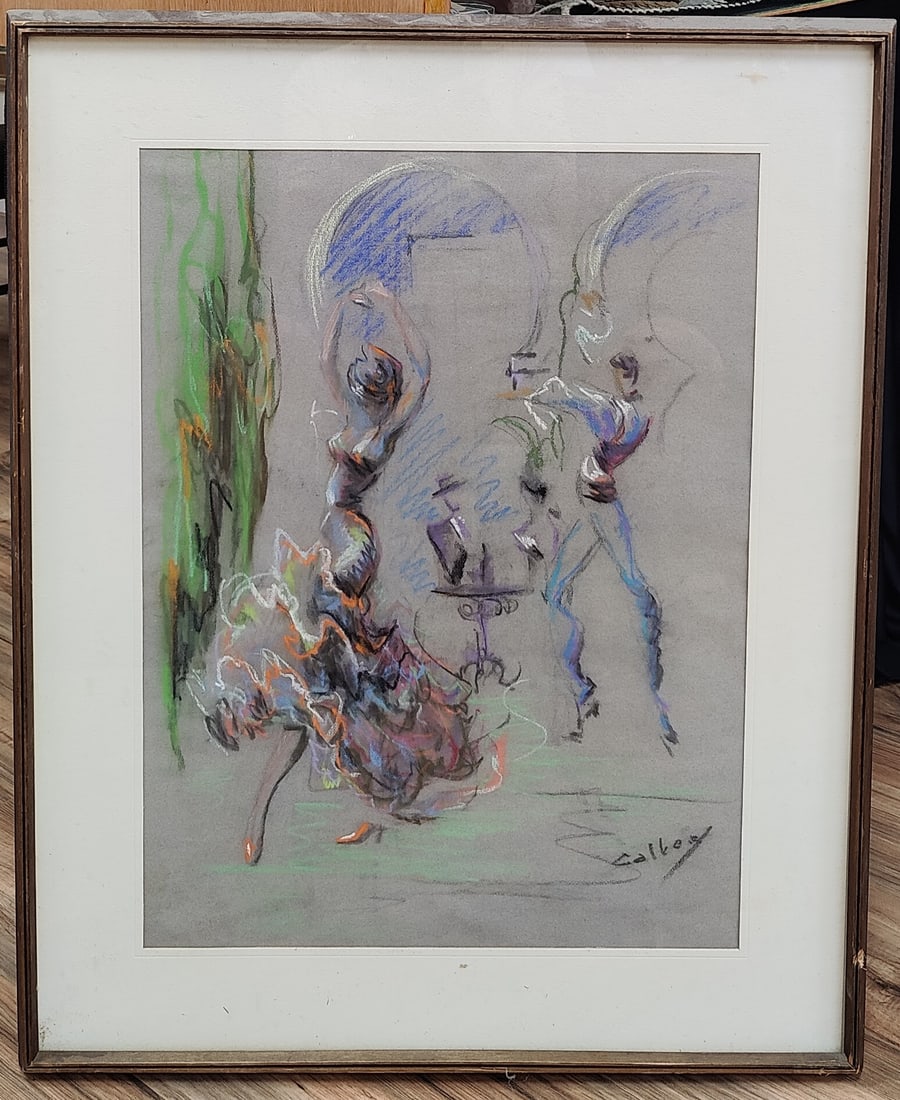 Illegibly Signed Pastel on Gray Paper Flamenco Dancers: Very good condition, with toning to the paper and matting. From an UES NYC Estate. 17.25" x 23.25" sight.