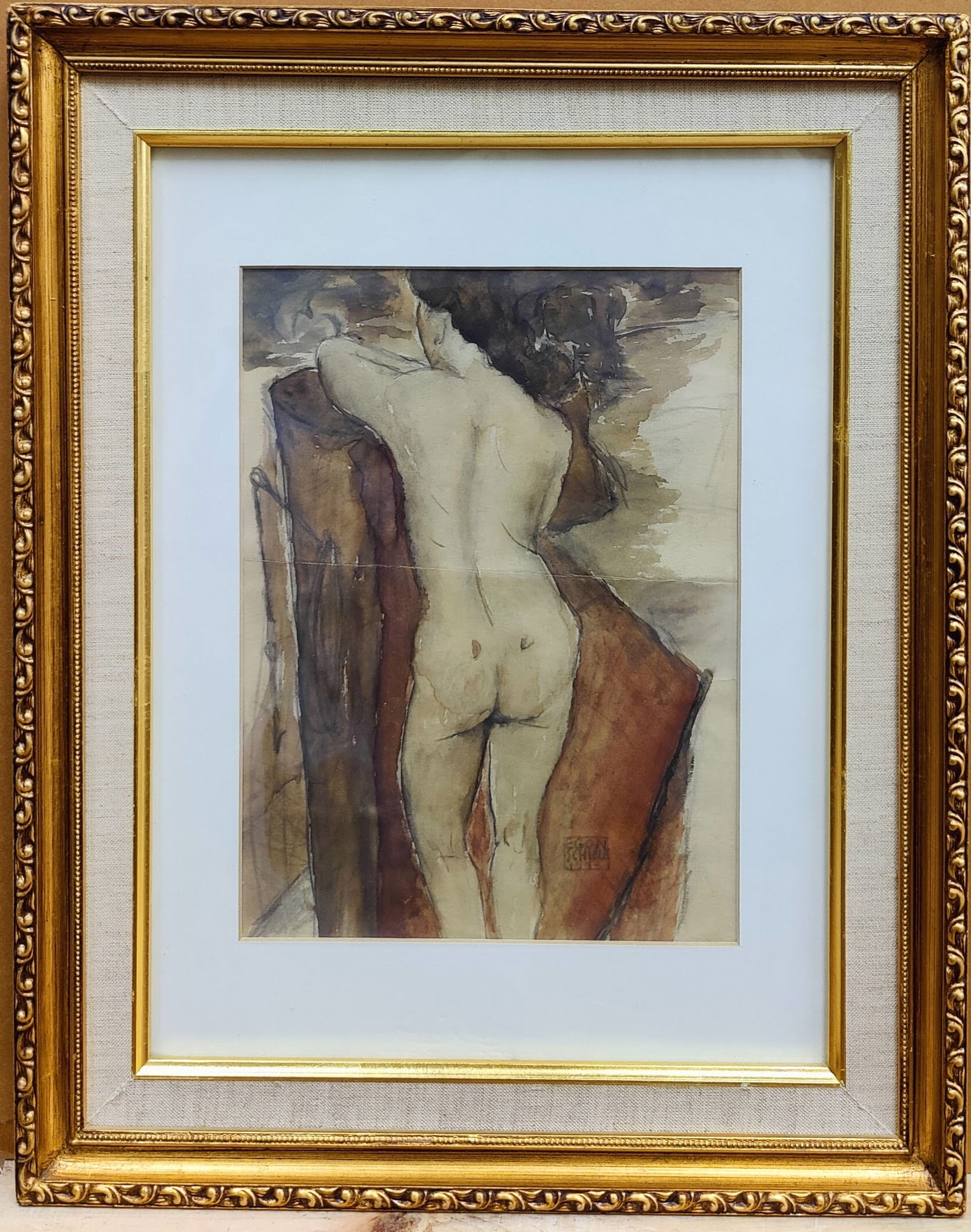 Manner Egon Schiele W/C Standing Female Nude Study: Manner of Egon Schiele (Austria, 1890 - 1918) W/C study in very good condition, with a crease across the middle of the paper. Work is signed and dated 1913 lower right. Gallery Galerie Zickel, Muchen