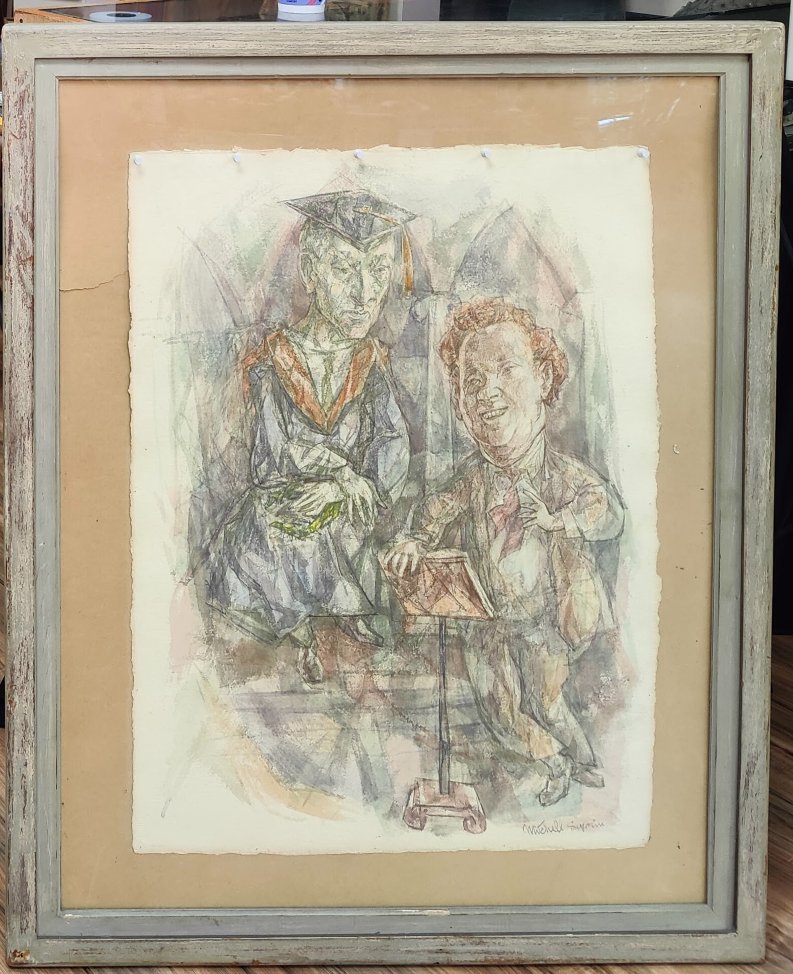 Mitchell Siporin Mod Figure Illustration Graduation Speech: Mitchell Siporin (New York, Massachusetts, 1910 - 1976) illustration in good condition, with toning and foxing to the paper. Nicely modernist framed. Work has been tacked to the backing board at the o
