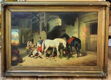 Attributed J F Herring Sr Barn Interior w/ Barnyard Animals