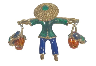 Vintage Ciner Asian Enamel Figural Pin Brooch Flower Baskets