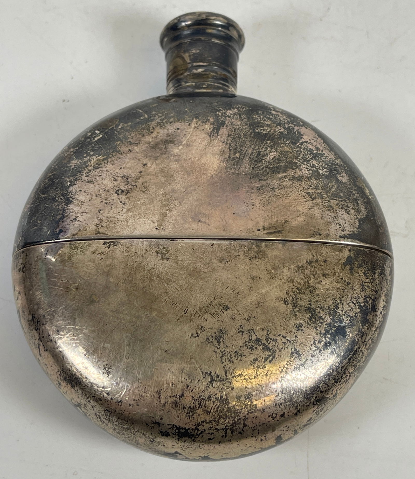 1865 London England Thomas Johnson Sterling Silver Flask: Marked with lion passant, Leopard for London, Queen Victoria mark, letter k for 1865, TJ for Thomas Johnson. Measures 4.5 inches long, 3.75 inches wide, weighs 160 grams (5.1 ozt). Overall good condit