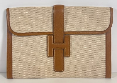 Hermes Vintage Caramel & Toile Large Jige Clutch