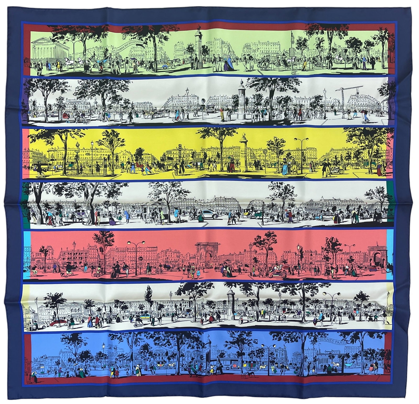 Hermes A L'Ombre Des Boulevards Scarf Scarf New in Box: Never worn, in original box. Scarf features a classic city scene, depicting Parisian boulevards with buildings, trees, people, and vehicles, rendered in a distinctive line-drawing style with color acc