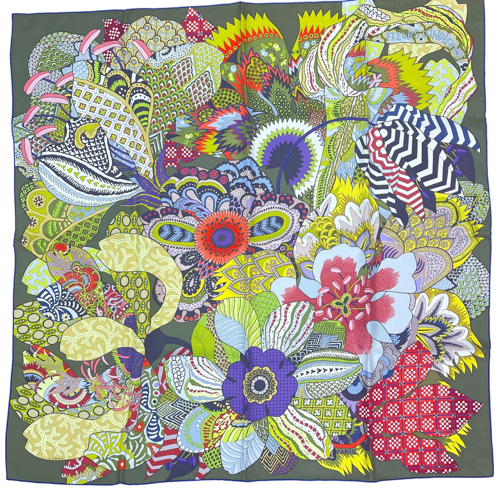Hermes Fleurs D’Indiennes Silk Twill Scarf New in Box: Never worn, in original box. Features a bright and intricate design of stylized Asian Indian flowers and geometric motifs in purple, kakhi, and green by A. Honore. 90cm x 90cm.