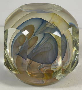 Edward Nesteruk, American (born 1941) Art Glass Paperweight: Artist: Nesteruk, Edward (American, born 1941) Title: Faceted Glass Paperweight Glass CubeDate: 1981Medium: crystal glass with transparent veiling. Measures approx 4 inches high, 4 inch x 4 inch. Over