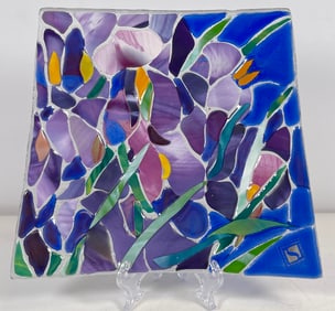 Vintage Sebino Arte Tiffany Irises Fused Glass Plate