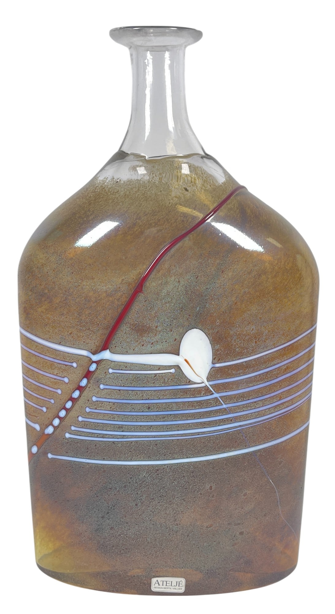 c1940 Bertil Vallien Ribbon Art Glass Bottle: Signed on the bottom "Bolda Atelje 500, B Vallien. Still has original label as well. Measures 12.25 inches high, 7 inches x 3 inches. Overall good condition, no chips or cracks.