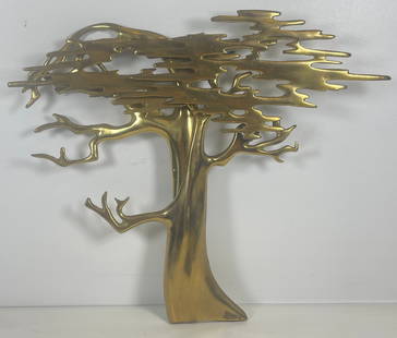 Bijan Bahar (American 20th c.) Brass Tree Sculpture: Brass bonsai tree wall sculpture, signed Bijan 80. Measures 14inches long x 16 inches wide. Overall good condition, please see photos