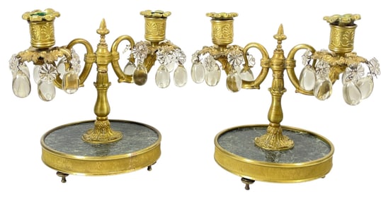 c1900 Double Arm Bronze & Marble Candlesticks