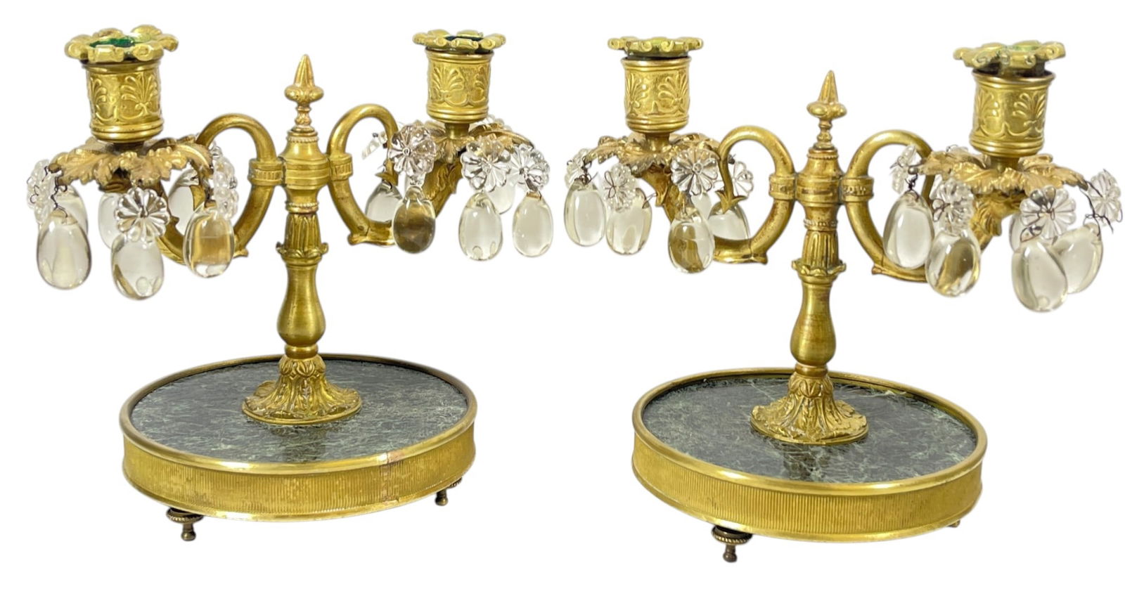 c1900 Double Arm Bronze & Marble Candlesticks: Empire style, green marble base with crystals. Measures 8.25 inches high, 8 inches wide, approx 6 inches in diameter acoss the base. Marked on the base FBS France for Ferdinand Bing & Co Successors. O