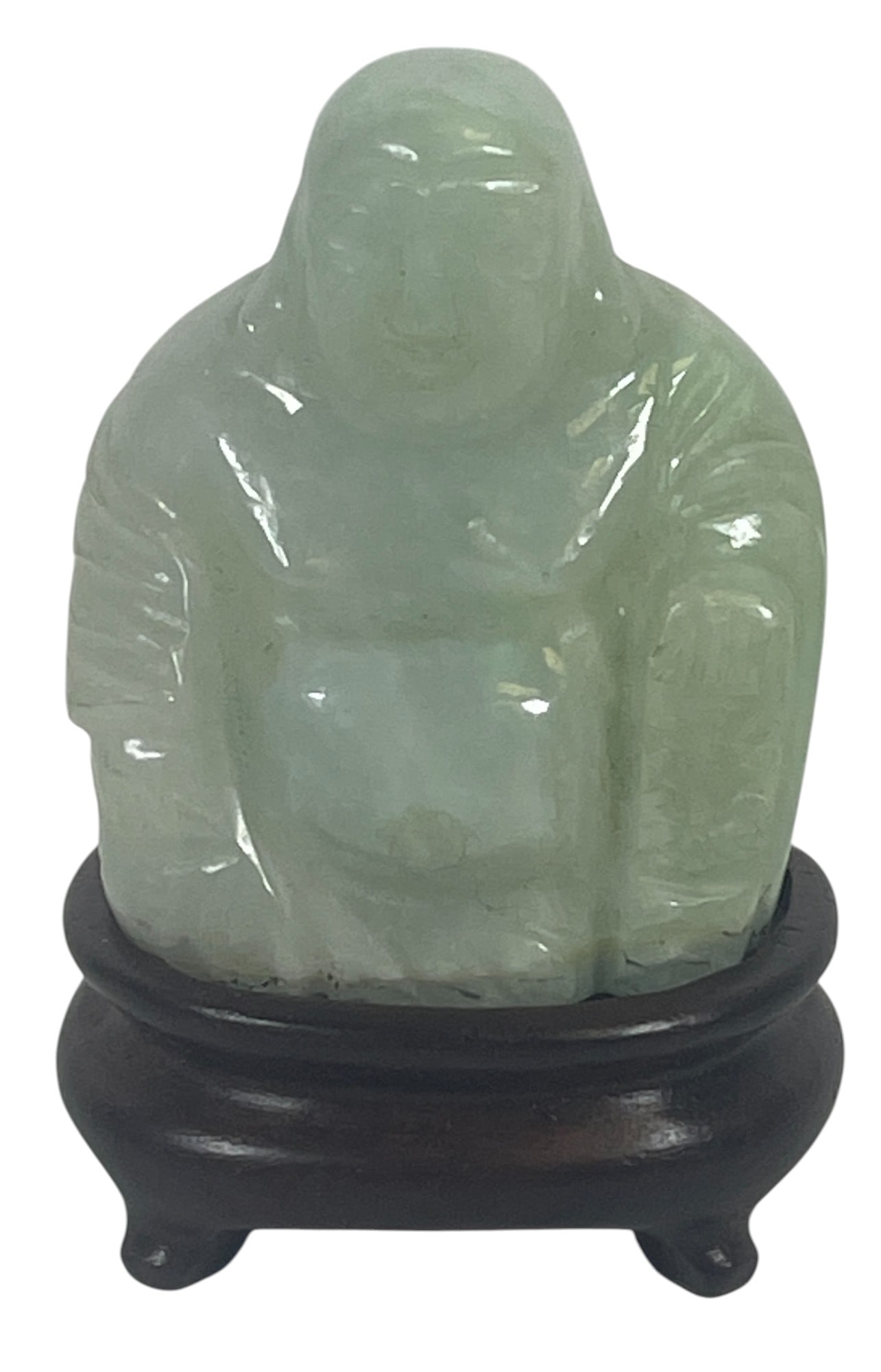 18/19 Century Jade Carved Buddha: Comes on fitted stand. Measures without stand 2 inches high, 1.625 inches wide. Overall good condition, please see photos. Comes from an extensive collection of asian porcelain from a Manhattan estate