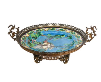 19th Century Longwy Enameled Porcelain & Bronze Centerpiece
