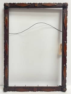 19th Century Tramp Art Frame: Antique tramp art frame, overall good condition. Slight areas of chipping, one corner missing. please see photos. Measures 23.5 inches x 16.5 inches outside, 21.5 x 14.75 inside measurements.
