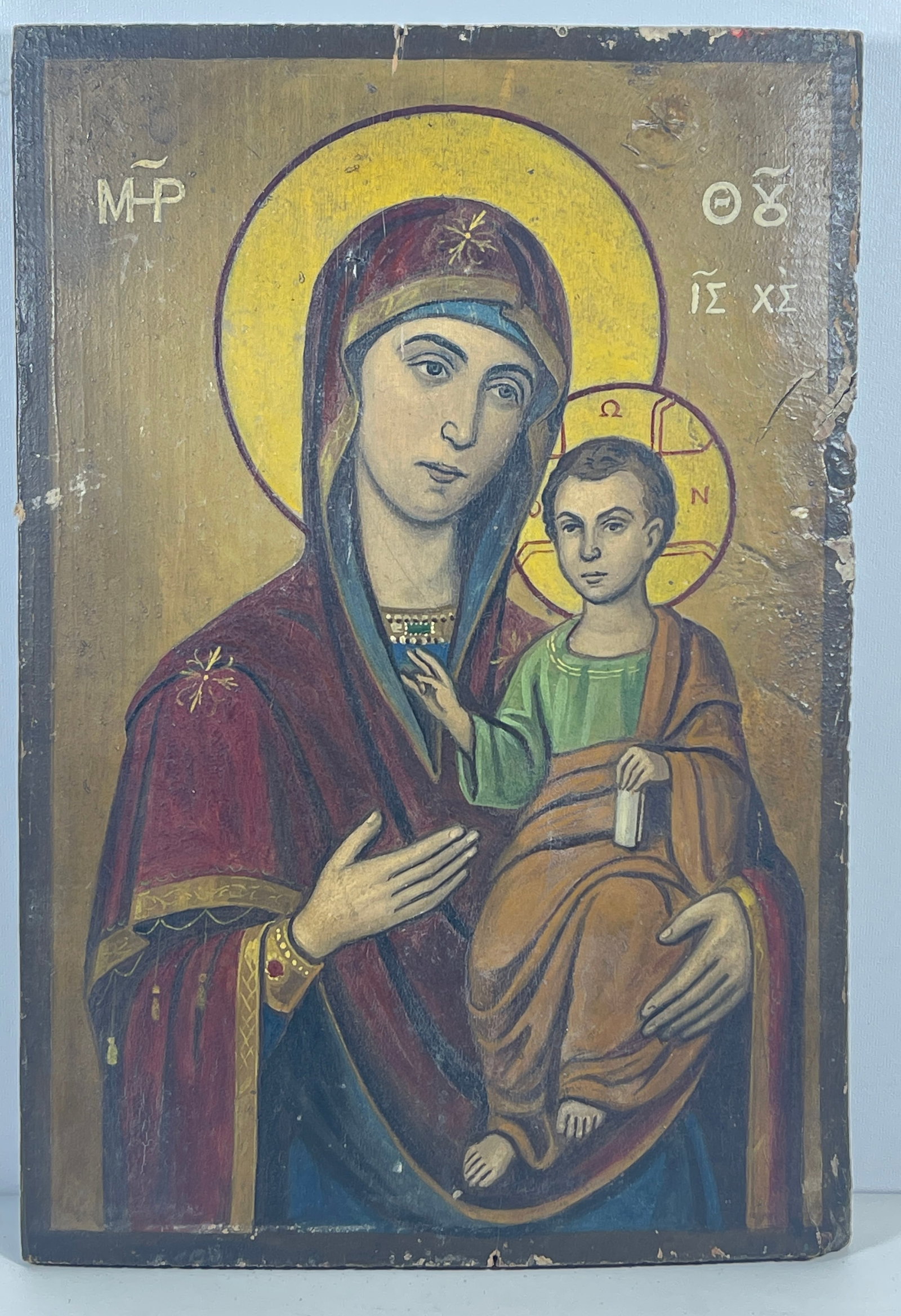 18/19 C Greek Orthodox Icon Virgin Mary with Christ Child Theotokos: Measures 14 inches x 9.5 inches. Overall good condition, please see photos.