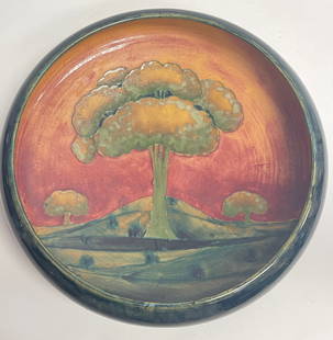 c1920 Large William Moorcroft Pottery Eventide Bowl: Authentic Moorcroft pottery bowl. Features "Eventide" pattern with a central tree in a landscape. Hand-painted design with rich, earthy tones and raised enamel. Signed "Moorcroft" and marked "Made in