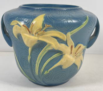 Roseville Art Pottery Zephyr Lily Jardiniere 471-6: Measures 6.25 inches high, 8 inches handle to handle. Overall good condition, no chips or cracks. Please see all photos.
