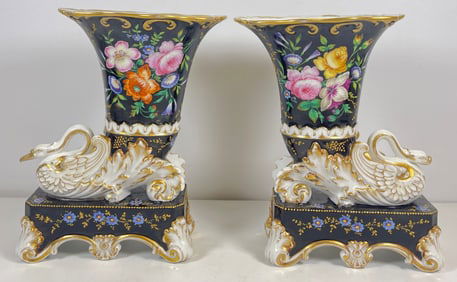 Pair Jacob Petit Old Paris Porcelain Cornucopia Vases Swans