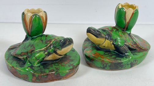 c1920 Pair Weller Pottery Coppertone Turtle on Lilypad Candlesticks