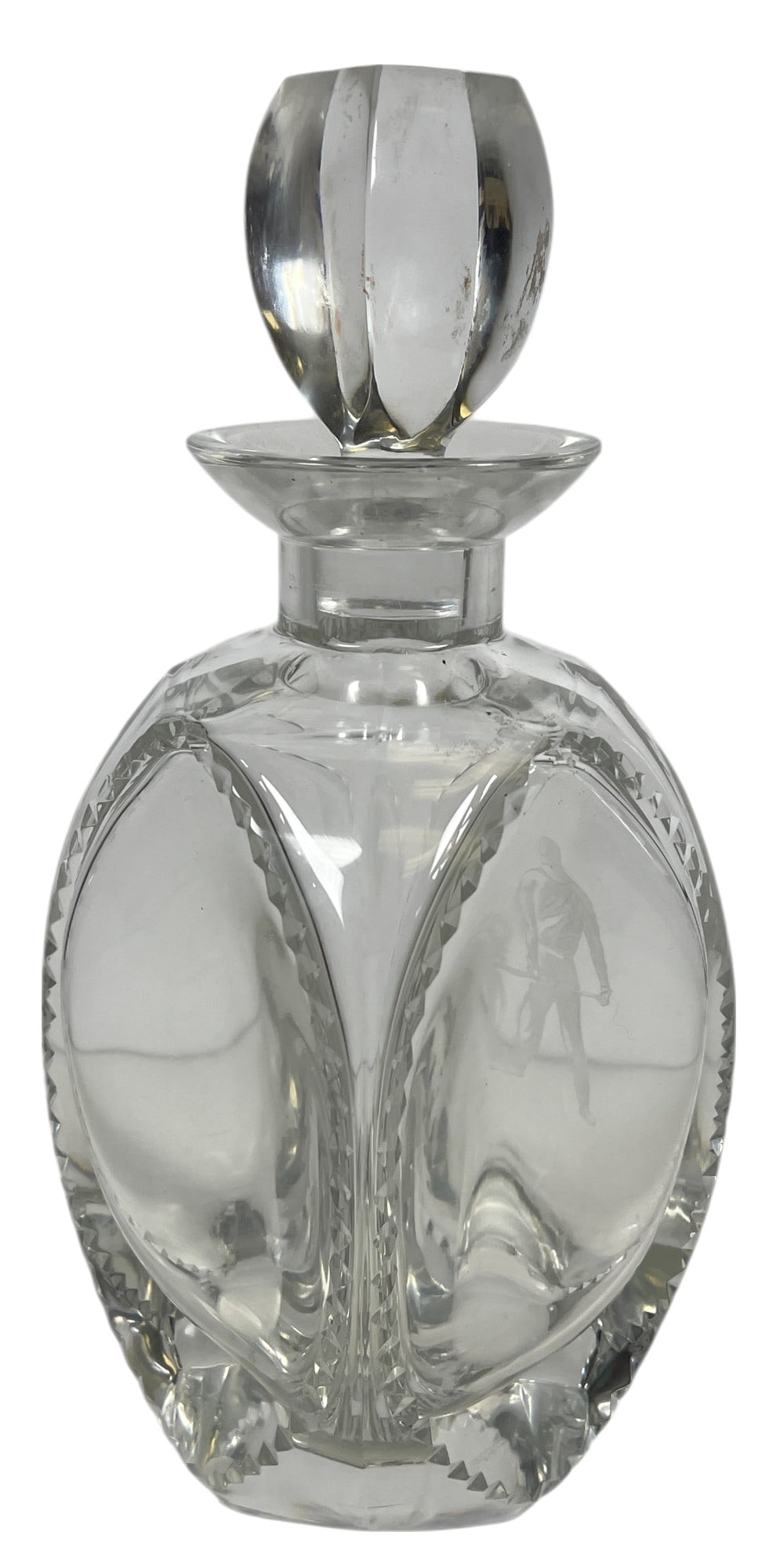 c1930 Lalique Art Deco Kent Crystal Decanter: 1930's signed Lalique Art Deco crystal diamond cut art glass decanter with etched decoration of Rockwell Kent esque WPA era style man wielding shovel. Measures 10.75 inches high, 4 inches square. Over