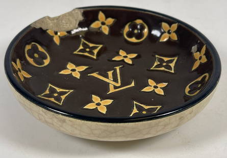 Louis Vuitton Longwy France Card Tray: A small ceramic dish, "Speciale Edite Pour Louis Vuitton par les Emaux de Longwy - Made in France". [5.25 inch Diam.]. Overall fair condition, chip to the side, crazing along back. Please see all phot