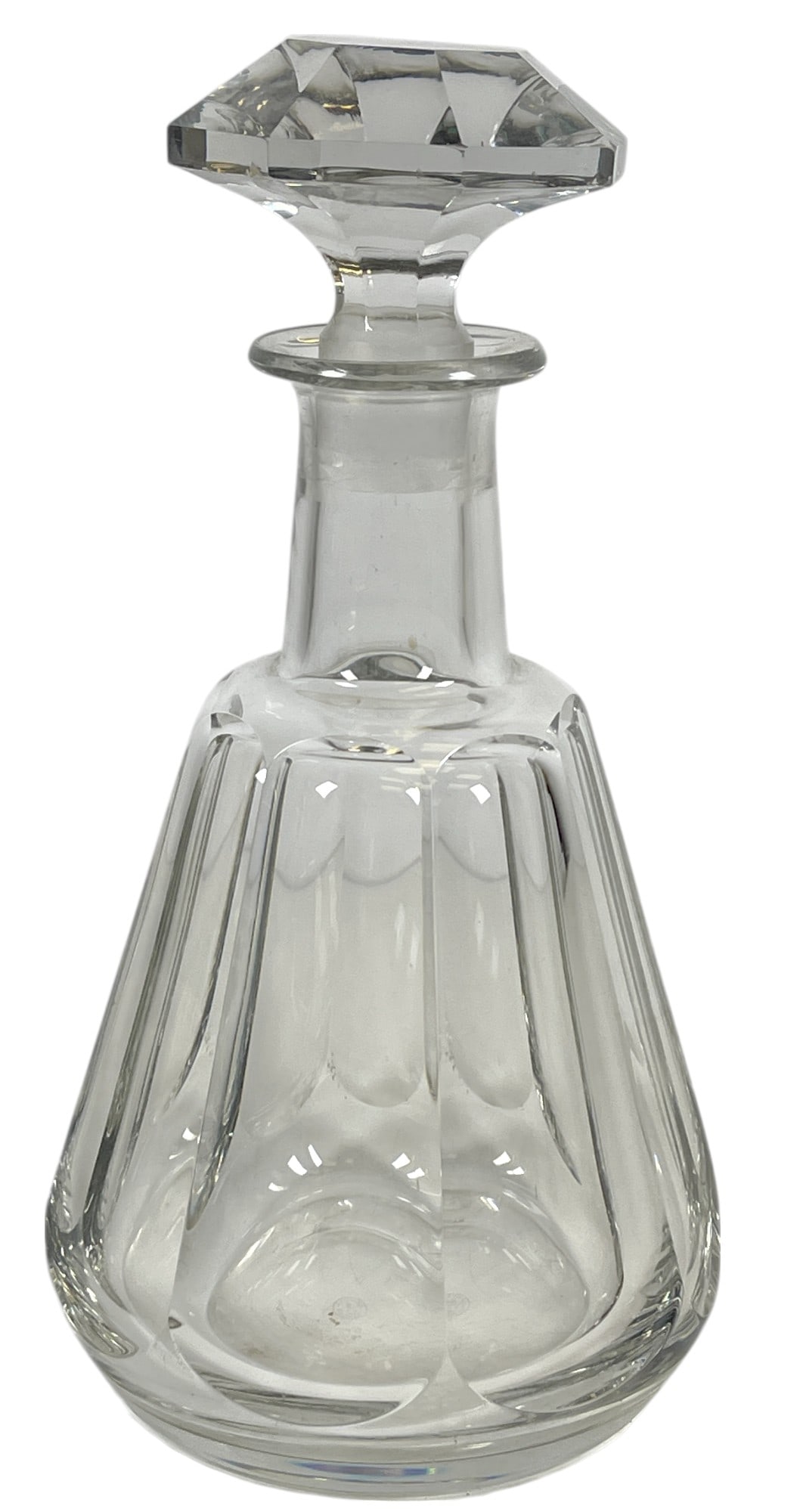 Vintage Crystal Baccarat Decanter: Measures approx 9.75 inches high, 5 inches at its widest. Overall good condition, fleabite chip to the bottom of the stopper, please see photos.